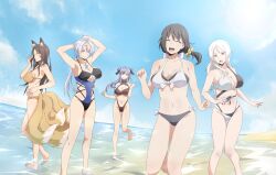 5girls absurdres beach black_bra black_hair black_panties blue_hair bra brown_panties chloe_aubert fox_tail highres long_hair multiple_girls panties red_eyes short_hair snowflake_pendant swimsuit tail tensei_shitara_slime_datta_ken testarossa_(tensei_shitara_slime_datta_ken) tying_hair underwear velgrynd_(tensei_shitara_slime_datta_ken) velzard_(tensei_shitara_slime_datta_ken) white_bra white_hair white_panties yellow_eyes