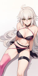 Rule 34 | 1girl, absurdres, ahoge, bare shoulders, bikini, black bikini, black gloves, breasts, choker, cleavage, collarbone, fate/grand order, fate (series), gloves, grey hair, highres, jeanne d&#039;arc alter (fate), jeanne d&#039;arc alter (swimsuit berserker) (fate), kiya hajime, large breasts, long hair, looking at viewer, navel, o-ring, o-ring bikini, red thighhighs, single thighhigh, sitting, solo, swimsuit, thigh strap, thighhighs, thighs, very long hair, yellow eyes