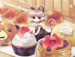 Rule 34 | 1girl, :&gt;, alternate costume, animal ears, biyon, blouse, blueberry, bread, croissant, cupcake, food, food focus, fruit, grey hair, jewelry, looking at viewer, melon bread, mini person, minigirl, mouse ears, mouse tail, nazrin, pendant, puffy short sleeves, puffy sleeves, red eyes, shirt, short sleeves, sign, skirt, smile, solo, sparkle, strawberry, tail, touhou