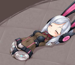 Rule 34 | 1girl, amputee, animal ears, blush, breasts, colored eyelashes, eyebrows, closed eyes, huyusilver, kanif, long hair, lying, on back, quadruple amputee, rabbit ears, silver hair, small breasts, solo