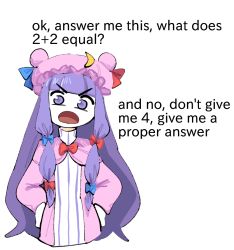 Rule 34 | 1girl, bags under eyes, blue bow, blue ribbon, bow, bowtie, capelet, commentary, crescent, crescent hat ornament, cropped torso, english commentary, english text, hair bow, hands on own hips, hat, hat ornament, hat ribbon, long hair, looking at viewer, meme, mob cap, open mouth, organsoup, patchouli knowledge, purple eyes, purple hair, red bow, red bowtie, red ribbon, ribbon, robe, simple background, solo, touhou, upper body, v-shaped eyebrows, very long hair, white background