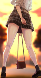 Rule 34 | 1girl, arm behind back, bag, bare legs, black footwear, black socks, blurry, blurry background, breasts, brown skirt, dalcom, from behind, handbag, head out of frame, highres, hololive, large breasts, legs, loafers, miniskirt, outdoors, plaid, plaid skirt, puffy sleeves, ribbed sweater, shiny skin, shirogane noel, shirogane noel (casual), shoes, short sleeves, skirt, socks, solo, sweater, thighs, view between legs, virtual youtuber, white sweater