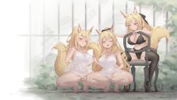Rule 34 | 3girls, animal ear fluff, animal ears, arknights, aunt and niece, bare shoulders, barefoot, black bow, black thighhighs, blemishine (arknights), blonde hair, blue eyes, bow, breasts, commission, extra ears, full body, hair bow, happy, headpat, high ponytail, highres, horse ears, horse girl, horse tail, large breasts, lingerie, long hair, multiple girls, nearl (arknights), nipples, one eye closed, open mouth, ponytail, pussy, rune (dualhart), siblings, sisters, sitting, smile, squatting, tail, thighhighs, underwear, very long hair, whislash (arknights)