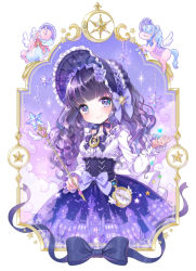 Rule 34 | 1girl, bonnet, bow, commentary request, compass, curly hair, dress, flower, framed, hat, hat bow, hat flower, highres, lolita fashion, long sleeves, looking at viewer, original, purple eyes, purple hair, sakura shiori, smile, solo, underbust, unicorn, wand