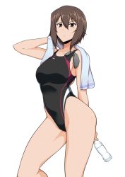 Rule 34 | 10s, 1girl, alternate costume, arm up, black one-piece swimsuit, bottle, brown eyes, brown hair, closed mouth, competition swimsuit, drying, drying hair, girls und panzer, halcon, highleg, highleg swimsuit, holding, looking at viewer, nishizumi maho, object in clothes, object in swimsuit, one-piece swimsuit, short hair, simple background, solo, swim cap, unworn swim cap, swimsuit, towel, water, water bottle, white background