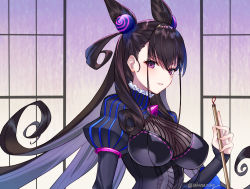 Rule 34 | 1girl, black dress, black hair, breasts, brooch, cone hair bun, dress, fate/grand order, fate (series), floating hair, hair bun, hair ornament, hand up, holding, impossible clothes, jewelry, juliet sleeves, large breasts, long hair, long sleeves, looking at viewer, murasaki shikibu (fate), puffy sleeves, purple eyes, sakanasoko, sleeves past wrists, smile, solo, striped, twitter username, upper body, v-shaped eyebrows