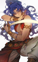 Rule 34 | 1girl, bare shoulders, blue eyes, blue hair, bracelet, bracer, breasts, cleavage, closed mouth, commentary, earrings, english commentary, eyeliner, highres, holding, holding sword, holding weapon, jewelry, long hair, medium breasts, morry, original, ponytail, red eyeliner, ring, scimitar, simple background, smile, solo, sword, weapon, white background