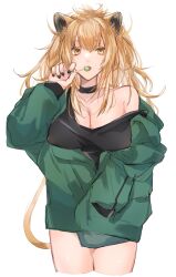 Rule 34 | 1girl, absurdres, animal ears, arknights, black choker, black nails, black tank top, blonde hair, breasts, candy, choker, chunta, cleavage, collarbone, commentary, covered erect nipples, cowboy shot, cropped legs, expressionless, food, green jacket, highres, holding, holding candy, holding food, holding lollipop, jacket, large breasts, lion ears, lion tail, lollipop, long hair, looking at viewer, messy hair, nail polish, off shoulder, official alternate costume, open clothes, open jacket, open mouth, sidelocks, siege (arknights), siege (legacy) (arknights), simple background, single bare shoulder, solo, standing, strap slip, tail, tank top, thighs, white background, yellow eyes