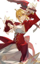 Rule 34 | 1girl, ahoge, blonde hair, breasts, dress, eyebrows hidden by hair, fate/extra, fate/grand order, fate (series), hair between eyes, hair intakes, highres, holding, holding sword, holding weapon, kumatangent, looking at viewer, nero claudius (fate), nero claudius (fate) (all), nero claudius (fate/extra), red dress, short hair, simple background, smile, solo, sword, weapon, white background, yellow eyes