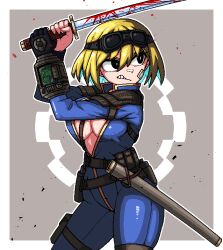 Rule 34 | 1girl, black eyes, blonde hair, blood, bloody weapon, blue bodysuit, bodysuit, breasts, cleavage, clenched teeth, commentary, english commentary, eyelashes, fallout (series), fallout 4, formicid, goggles, goggles on head, holding, holding sword, holding weapon, jaggy lines, large breasts, mole, mole on breast, pip boy, sheath, short hair, simple background, solo, sword, teeth, vault suit, weapon