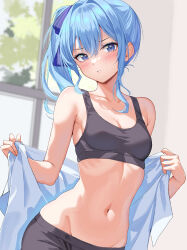 Rule 34 | 1girl, absurdres, black sports bra, blue eyes, blue hair, blush, breasts, cleavage, highres, hololive, hoshimachi suisei, jacket, long hair, looking at viewer, navel, oniku (o29sukizero), side ponytail, small breasts, solo, sports bra, virtual youtuber, white jacket