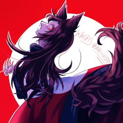 1girl, animal ears, claws, dated, dress, fangs, female focus, from behind, furry, highres, imaizumi kagerou, imaizumi kagerou (wolf), long hair, looking back, open mouth, profile, purple fur, purple hair, red eyes, seserinopikata, solo, tail, teeth, touhou, twitter username, wolf ears, wolf tail