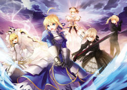 Rule 34 | 5girls, adjusting clothes, adjusting gloves, adjusting vloes, ahoge, aqua eyes, armor, armored dress, arms up, artoria pendragon (all), artoria pendragon (fate), black bow, black dress, black gloves, black jacket, black legwear, black pants, blonde hair, blue dress, blue eyes, blue ribbon, bodysuit, bow, breasts, cleavage, dress, excalibur (fate/stay night), excalibur (mythology), excalibur morgan (fate), fate (series), formal, gloves, gothic lolita, green eyes, guantlers, hair between eyes, hair bow, hair ribbon, holding, holding sword, holding weapon, invisible air (fate), jacket, lolita fashion, long hair, looking at viewer, looking back, multiple girls, nero claudius (bride) (fate), nero claudius (fate), nero claudius (fate) (all), open mouth, pant suit, pants, ponytail, ribbon, saber (fate), short dress, shuen, small breasts, standing, suit, sword, weapon, white dress, white gloves, yellow eyes