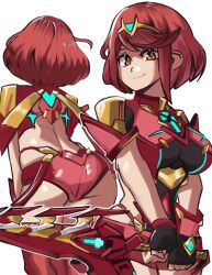 Rule 34 | 1girl, absurdres, ass, fingerless gloves, gloves, highres, holding, holding sword, holding weapon, impossible clothes, micro shorts, moxydraws, multiple views, pyra (xenoblade), red eyes, red hair, short hair, shorts, swept bangs, sword, tiara, weapon, xenoblade chronicles (series), xenoblade chronicles 2