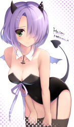 Rule 34 | bare arms, bare shoulders, black leotard, black thighhighs, breasts, cafe stella to shinigami no chou, cleavage, collar, commentary request, covered navel, curvy, demon horns, demon wings, fake horns, fake wings, frown, garter straps, green eyes, groin, hair ornament, hair over one eye, hairclip, halloween, hands on own thighs, happy halloween, haruka (haruk26a), head tilt, highres, hiuchidani mei, horns, leaning forward, leotard, looking at viewer, medium breasts, polka dot, polka dot background, purple hair, purple ribbon, ribbon, short hair with long locks, standing, tan, tanline, thighhighs, thighs, white background, white collar, wing collar, wings