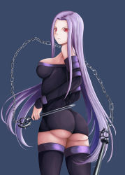 Rule 34 | 1girl, absurdres, ass, bare shoulders, black thighhighs, breasts, chain, dagger, fate/stay night, fate (series), from behind, highres, huge ass, knife, large breasts, long hair, looking at viewer, looking back, looking down, medusa (fate), medusa (rider) (fate), mirufi-yu, purple eyes, purple hair, sideboob, solo, square pupils, thighhighs, type-moon, very long hair, weapon