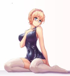 Rule 34 | 1girl, alice margatroid, bare shoulders, barefoot, bespectacled, blonde hair, blue eyes, breasts, eyebrows, female focus, full body, glasses, hairband, hand on own chest, hater (hatater), highres, jewelry, large breasts, looking at viewer, nail polish, non-web source, one-piece swimsuit, red-framed eyewear, ring, school swimsuit, short hair, simple background, sitting, smile, solo, swimsuit, thick eyebrows, thighhighs, touhou, white background, white thighhighs