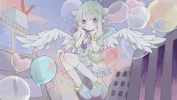 Rule 34 | 1girl, balloon, blue footwear, blush, building, closed mouth, double bun, dress, feathered wings, frilled dress, frills, green hair, hair bun, highres, kusanagi nene, looking at viewer, project sekai, shoes, slept sui, smile, smile of dreamer (project sekai), socks, solo, w arms, white socks, white wings, wings