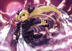 Rule 34 | 1girl, blonde hair, dance in the vampire bund, fang, full moon, hisahiko, long hair, mina tepes, moon, red eyes, solo, twintails