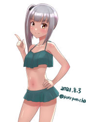 Rule 34 | 1girl, bikini, blue bikini, blush, brown eyes, dated, frilled bikini, frills, hair ribbon, hand on own hip, highres, index finger raised, kantai collection, kasumi (kancolle), long hair, looking at viewer, one-hour drawing challenge, ponytail, porupurucha, ribbon, side ponytail, silver hair, simple background, smile, solo, swimsuit, twitter username, white background