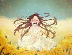 Rule 34 | 1girl, bare shoulders, between legs, blush, brown hair, crying, day, dress, closed eyes, flower, hand between legs, long hair, monotsuki, nose blush, open mouth, original, outdoors, petals, sad, sobbing, solo, sundress, tears, very long hair, white dress, wind