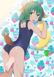 Rule 34 | 1girl, absurdres, animal ears, ass, bad feet, ball, barefoot, beachball, blue one-piece swimsuit, commentary request, cup, day, dog ears, dog girl, dog tail, drink, drinking straw, artistic error, eyes visible through hair, fang, from behind, green eyes, green hair, highres, kasodani kyouko, looking back, one-piece swimsuit, outdoors, sakechazuke, solo, swimsuit, tail, tan, touhou