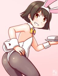 Rule 34 | 1girl, alternate costume, animal ears, ass, black hair, black pantyhose, bow, bowtie, brown eyes, commentary request, detached collar, flat chest, from behind, gradient background, grey background, kanon (kurogane knights), kantai collection, leotard, looking at viewer, looking back, one-hour drawing challenge, pantyhose, playboy bunny, rabbit ears, rabbit tail, short hair, solo, standing, strapless, strapless leotard, tail, tanikaze (kancolle), towel, translation request, tray, white leotard, wrist cuffs, yellow bow, yellow bowtie