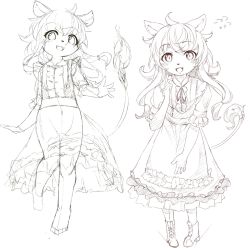 Rule 34 | 1girl, animal ears, dress, female focus, frilled dress, frills, furry, furry female, fuu (frol), highres, lion ears, lion tail, long hair, looking at viewer, monochrome, open mouth, original, sketch, solo, standing, standing on one leg, tail