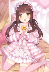 Rule 34 | 1girl, :d, bed, brown eyes, brown hair, caramel (caramelmilk), collarbone, commentary request, cup, dress, drinking glass, frilled dress, frilled hairband, frilled pillow, frills, hairband, hands up, highres, holding, holding cup, indoors, jacket, long hair, long sleeves, looking at viewer, no shoes, on floor, open clothes, open jacket, open mouth, original, pillow, pink hairband, pink thighhighs, puffy long sleeves, puffy sleeves, sitting, smile, solo, striped clothes, striped jacket, thighhighs, very long hair, wariza, wooden floor