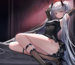 Rule 34 | 1girl, absurdres, arknights, black footwear, black gloves, black shirt, black skirt, black socks, breasts, chained sarkaz girl, demon horns, elbow gloves, gloves, grey hair, high heels, highres, horns, long hair, pointy ears, red eyes, shanguier, shirt, sitting, skirt, small breasts, socks, solo, thighs, very long hair