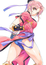 Rule 34 | 1girl, ass, blue panties, blue sash, breasts, bun cover, cameltoe, china dress, chinese clothes, closed mouth, dragon quest, dragon quest dai no daibouken, dress, from behind, frown, highres, legs, looking at viewer, looking back, maam, medium breasts, nagayori, panties, pelvic curtain, sash, shiny skin, short hair, short sleeves, simple background, solo, standing, thighs, underwear, vambraces, white background, yellow eyes