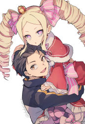 Rule 34 | 1boy, 1girl, :d, age difference, beatrice (re:zero), black hair, black jacket, blonde hair, blue eyes, bow, brown eyes, butterfly-shaped pupils, capelet, carrying, commentary, crown, dress, drill hair, expressionless, fur-trimmed capelet, fur trim, hair bow, hand on another&#039;s head, jacket, long hair, looking at viewer, mini crown, natsuki subaru, open mouth, pantyhose, pink bow, re:zero kara hajimeru isekai seikatsu, red capelet, red dress, shake sawa, sidelocks, smile, striped bow, striped clothes, striped pantyhose, symbol-shaped pupils, teenage boy and younger girl, track jacket, twin drills, very long hair