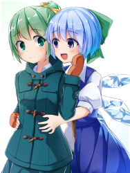 Rule 34 | 2girls, alternate hairstyle, blue dress, blue eyes, blue hair, bow, cirno, daiyousei, dress, fairy wings, green eyes, green hair, hair bow, holding hands, hand on another&#039;s cheek, hand on another&#039;s face, hand on another&#039;s hip, highres, hood, hooded jacket, hug, hug from behind, ice, ice wings, jacket, long sleeves, mittens, multiple girls, open mouth, pokio, ponytail, puffy short sleeves, puffy sleeves, shirt, short sleeves, smile, touhou, wings, winter clothes, yuri