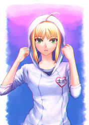 Rule 34 | 1girl, ahoge, artoria pendragon (fate), bad id, bad pixiv id, clenched hands, fate/stay night, fate (series), fateline alpha, green eyes, heart, hood, hoodie, looking at viewer, parted lips, saber (fate), solo