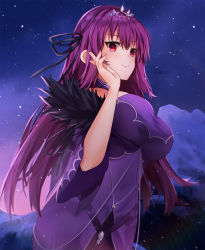 Rule 34 | 1girl, artist name, breasts, dress, fate/grand order, fate (series), feather trim, hair between eyes, headpiece, highres, k-rumi, large breasts, long hair, looking at viewer, purple dress, purple hair, red eyes, ribbon, scathach (fate), scathach skadi (fate), smile, solo, tiara