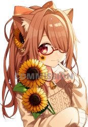 Rule 34 | 1girl, bare shoulders, bell, blush, brown hair, brown sweater, closed mouth, collarbone, commission, facial mark, flower, glasses, hair flower, hair ornament, hair over one eye, hand up, hazakura chikori, highres, long hair, long sleeves, looking at viewer, off-shoulder sweater, off shoulder, original, ponytail, red-framed eyewear, red eyes, semi-rimless eyewear, simple background, skeb commission, sleeves past wrists, smile, solo, sunflower, sweater, under-rim eyewear, upper body, watermark, white background, yellow flower