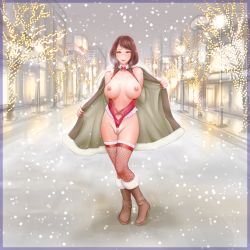 Rule 34 | 1girl, bare shoulders, boots, breasts, brown eyes, brown hair, cleavage, exhibitionism, fishnet thighhighs, fishnets, full body, large breasts, looking at viewer, navel, nipples, nude, open clothes, original, pearl thong, public indecency, smile, snow, solo, sonota taisei, standing, thighhighs