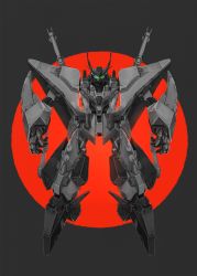 Rule 34 | commentary request, full body, glowing, glowing eyes, green eyes, grey background, greyscale, gundam, gundam hathaway&#039;s flash, highres, looking at viewer, madarame, mecha, mobile suit, monochrome, no humans, red background, robot, science fiction, solo, spot color, two-tone background, v-fin, xi gundam