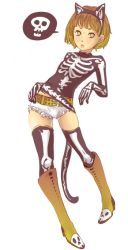 Rule 34 | 1girl, animal ears, blonde hair, bone, boots, brown hair, cat ears, cat tail, costume, lips, short hair, shorts, skeleton, skull, solo, tail, thighhighs, thighs, yellow eyes