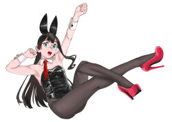 Rule 34 | 1girl, alternate costume, animal ears, aqua eyes, bare shoulders, black hair, black leotard, black pantyhose, breasts, commentary request, crossed legs, detached collar, fake animal ears, full body, high heels, highleg, highleg leotard, highres, kantai collection, legs, leotard, looking at viewer, necktie, ojipon, ooyodo (kancolle), pantyhose, playboy bunny, red footwear, red necktie, semi-rimless eyewear, shoulder strap, simple background, small breasts, solo, strap, white background, wrist cuffs