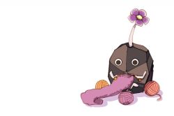 Rule 34 | 2donemuru, black eyes, black skin, colored skin, commentary request, flower, holding, holding needle, knitting, looking at object, needle, nintendo, no humans, no mouth, pikmin (creature), pikmin (series), purple flower, purple scarf, rock, rock pikmin, scarf, shadow, simple background, sitting, solo, white background, yarn, yarn ball