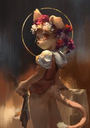 Rule 34 | 1boy, aedbc, animal ears, animal hands, ass, borrowed character, bottomless, brown fur, brown hair, cat tail, dog ears, flower wreath, furry, furry male, highres, hood, male focus, original, solo, tail, trap