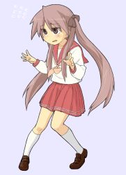 Rule 34 | 1girl, blush, bow, brown footwear, collarbone, full body, hiiragi kagami, iefukurou, light purple hair, long hair, long sleeves, lucky star, neckerchief, open mouth, pink neckerchief, pleated skirt, purple bow, purple eyes, purple hair, red sailor collar, red skirt, ryouou school uniform, sailor collar, school uniform, serafuku, simple background, skirt, socks, solo, standing, twintails, white socks