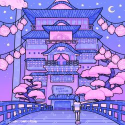 Rule 34 | 1girl, architecture, bare legs, bathhouse, blue sky, bridge, cherry blossoms, commentary, crescent moon, east asian architecture, emily kim, english commentary, from behind, full body, gradient sky, instagram username, lantern, long hair, moon, night, night sky, original, paper lantern, ponytail, purple footwear, purple hair, purple shorts, purple sky, scenery, sen to chihiro no kamikakushi, shirt, shoes, short shorts, short sleeves, shorts, single stripe, sky, smoke, sneakers, socks, solo, sparkle, standing, star (sky), star (symbol), starry sky, striped clothes, striped shirt, t-shirt, tree, white shirt, white socks, wide shot