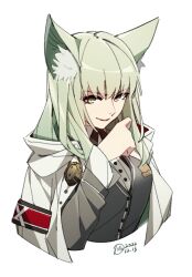 Rule 34 | 1girl, animal ear fluff, animal ears, arknights, cardigan, cat ears, commentary request, cropped torso, green eyes, green hair, grey cardigan, harmonie (arknights), long hair, long sleeves, looking at viewer, mochusama1, simple background, smile, solo, upper body, white background