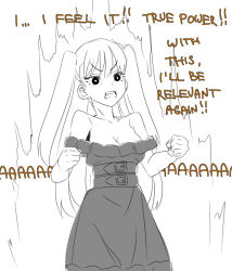 Rule 34 | 1girl, aura, black dress, breasts, cleavage, clenched hands, clenched teeth, dress, english text, frilled dress, frills, greyscale, ijiranaide nagatoro-san, long hair, machida (ijiranaide nagatoro-san), medium breasts, meme, monochrome, simple background, teeth, twintails, white background