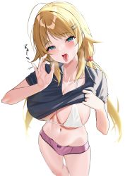 Rule 34 | 1girl, :o, absurdres, ahoge, amrita (amber78gou), blonde hair, blush, bra, breasts, clothes lift, collarbone, fellatio gesture, groin, hachimiya meguru, hair ornament, hairpin, half-closed eyes, highres, idolmaster, idolmaster shiny colors, large breasts, lifted by self, looking at viewer, midriff, mismatched underwear, navel, no pants, panties, purple panties, shirt lift, short sleeves, simple background, solo, tongue, tongue out, twintails, underwear, white background, white bra