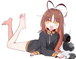 Rule 34 | 1girl, absurdres, antenna hair, barefoot, blush, brown hair, controller, cross, eds, fang, game controller, highres, indie virtual youtuber, jacket, legs, lying, multicolored hair, nail polish, nino egyn, on stomach, orange eyes, orange hair, soles, the pose, track jacket, two-tone hair