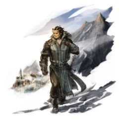 Rule 34 | 1boy, absurdres, belt, brown hair, gloves, highres, looking to the side, male focus, mountain, octopath traveler, octopath traveler i, official art, olberic eisenberg, project octopath traveler, scar, solo, square enix, strap, sword, town, walking, weapon, yoshida akihiko