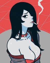 Rule 34 | 1girl, akairiot, bare shoulders, black hair, breasts, choker, cigarette, cleavage, hair over one eye, highres, large breasts, long hair, looking at viewer, original, shiny skin, simple background, smoking, solo, spiked choker, spikes
